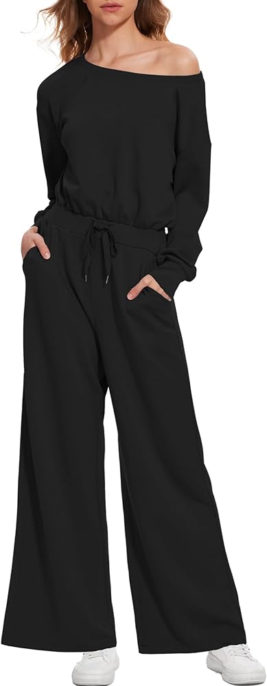 Women's Jumpsuits Dressy Casual Off Shoulder Long Sleeve Wide Leg Pants Romper One Piece Outfits with Pockets