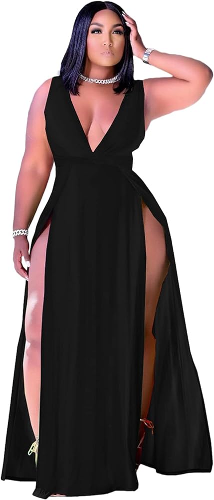 Ekaliy Women's Plus Size Sleeveless Deep V Neck Front Split Long Maxi Wrap Dress