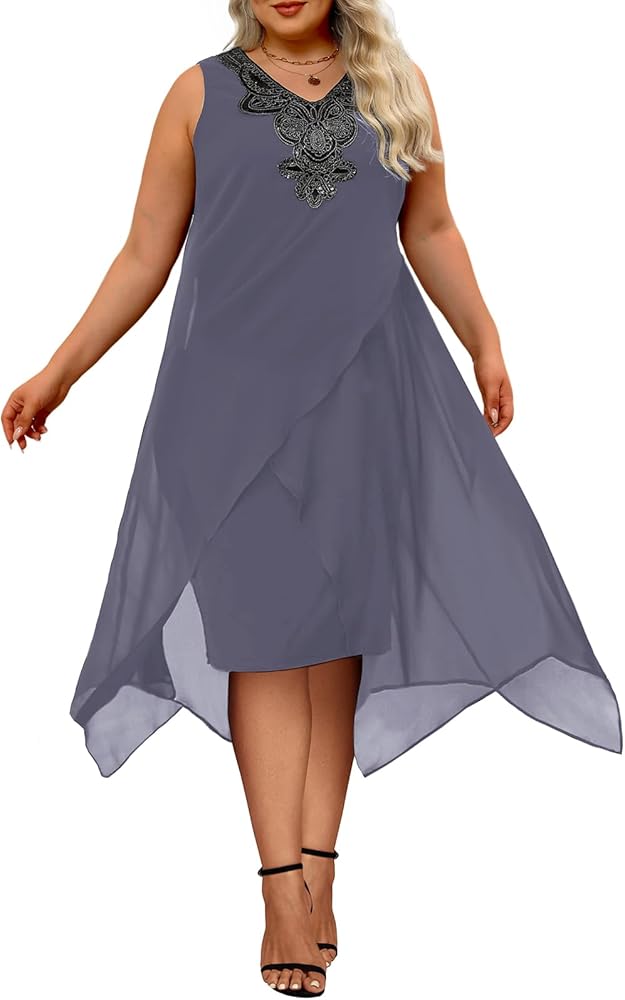 OCSTRADE Womens Plus Size Chiffon Dress Loose Sleeveless Flowy Cocktail Party Midi Dresses