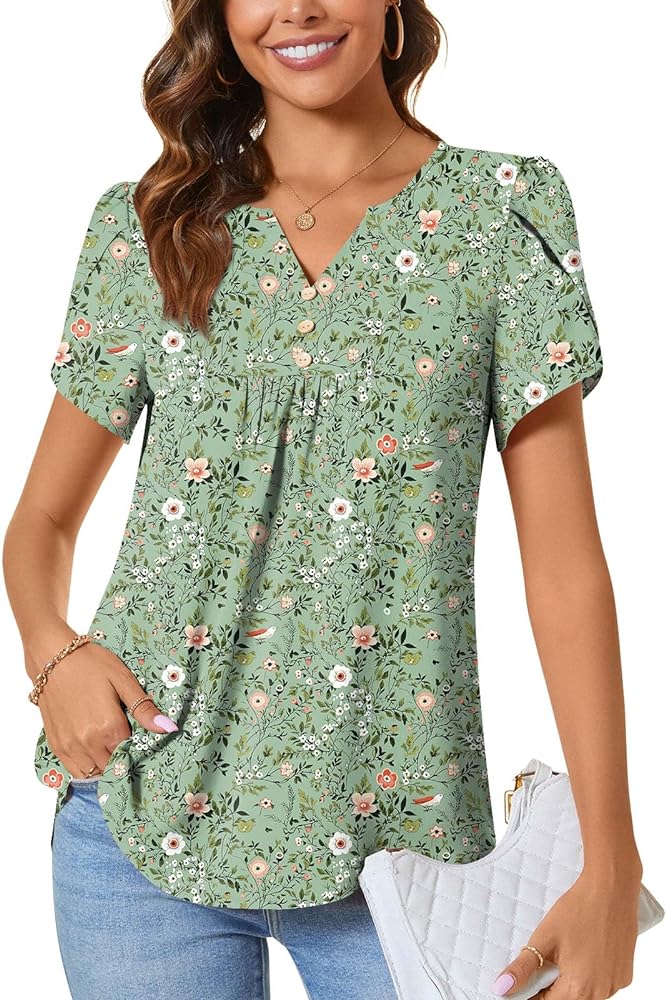 CATHY Womens Fashion Short Sleeve Tops Dressy Petal Sleeve Button T-Shirts Casual Chiffon Tunic Blouse