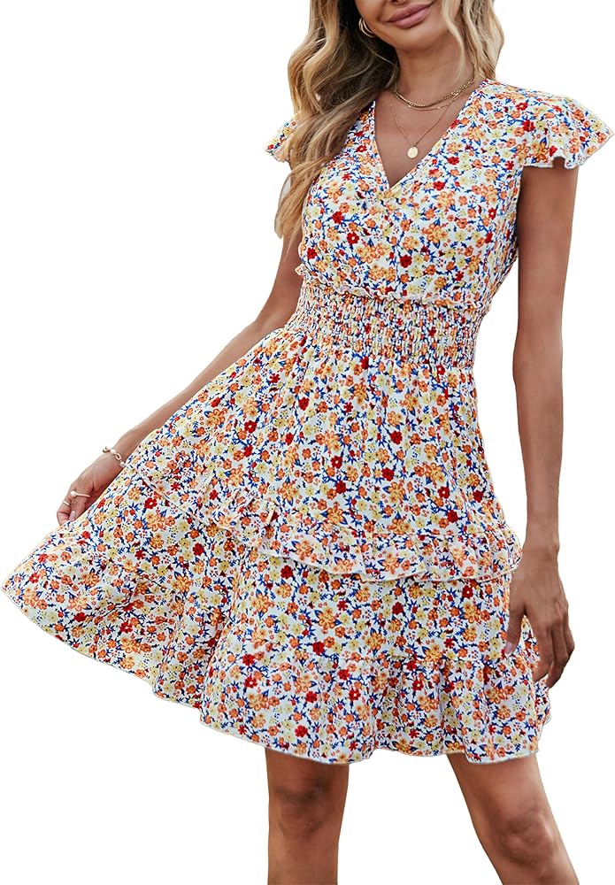 PRETTYGARDEN Womens Summer Dresses Boho V Neck Floral Print Ruffle Sleeve Layered Mini Dress Cute Smocked Waist Short Dress