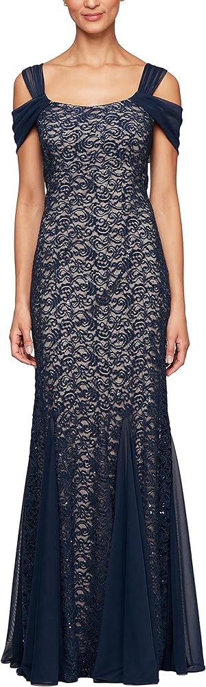 Alex Evenings Women's Long Cold Shoulder, Mother of The Bride Dress, Formal Event, Wedding Guest, (Petite and Regular Sizes)