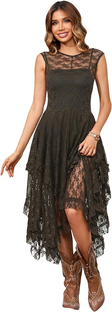 R.Vivimos Womens Sleeveless Backless Asymmetrical Layered Lace Long Dress with Slip Two Pieces