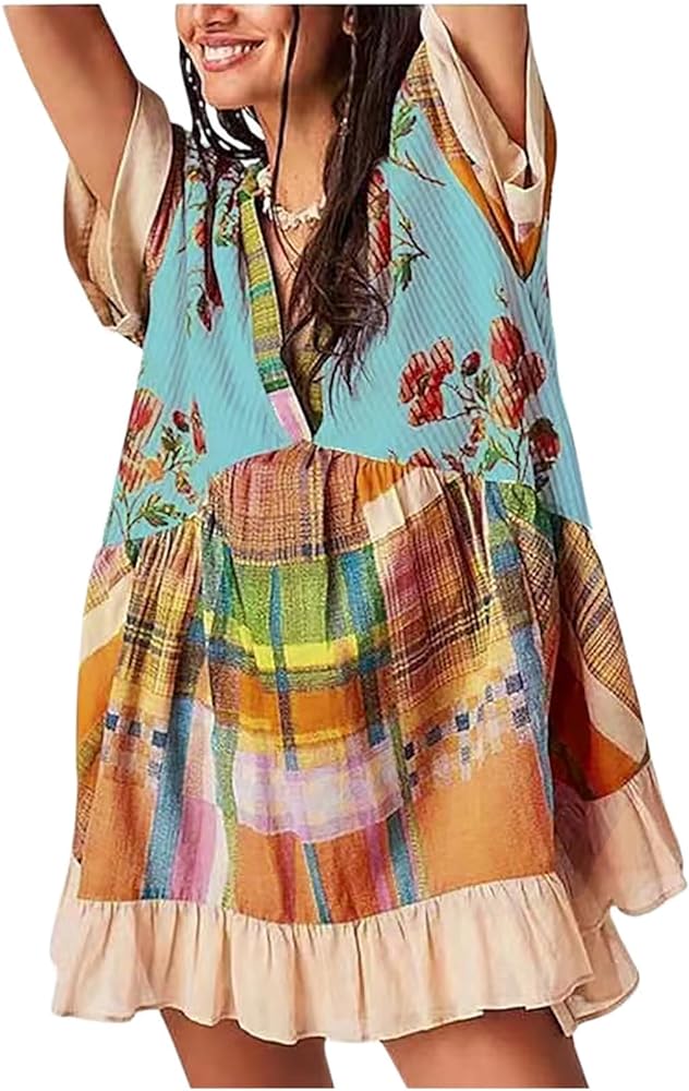 Boho Summer Dress Casual Patchwork Floral Deep V Neck Ruffle Oversized Babydoll Sundress Y2k Hot Shot Mini Dress