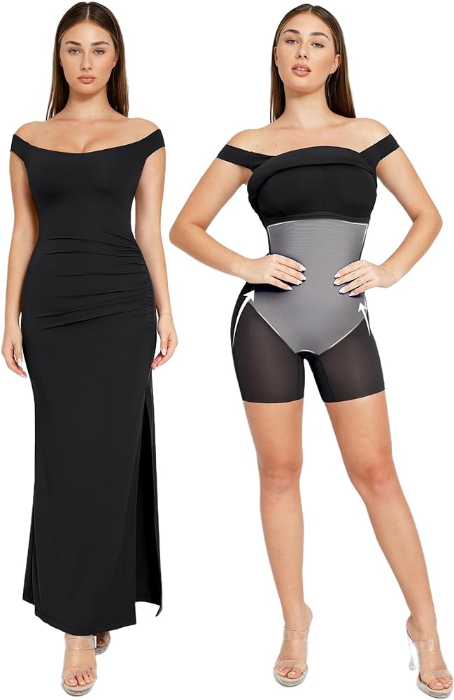 Popilush Formal Shapewear Dress Off Shoulder Maxi Dress with Built in Shapewear Summer Dress for Women 2024