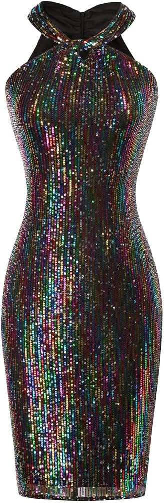 GRACE KARIN Sequin Dress for Women Sleeveless Sparkly Glitter Halter Dress Bodycon Mini Club Dresses 2024