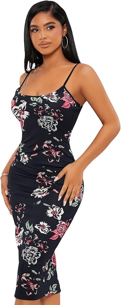 SweatyRocks Women's Floral Print Split Bodycon Dress Cami Midi Dress