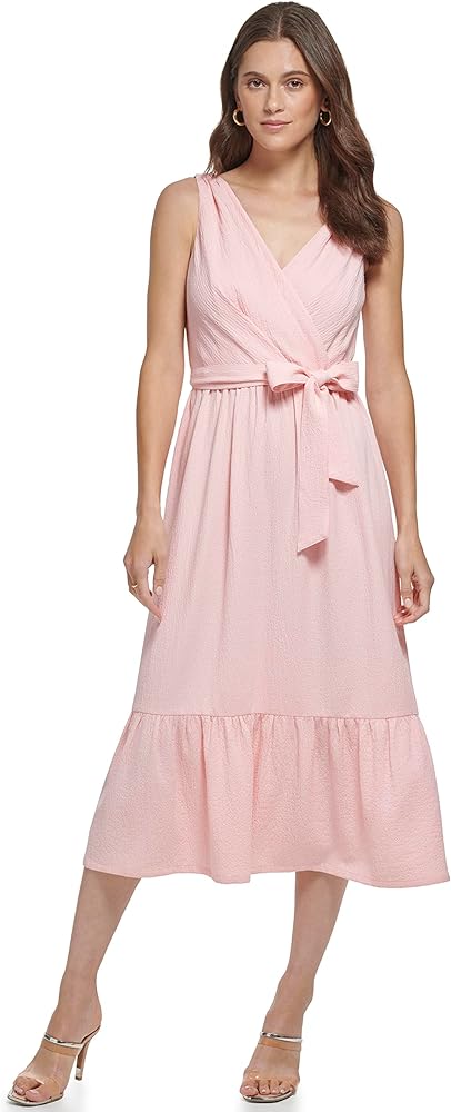 DKNY Women's Ruffle Hem Self Tie Belt V Neck Dress