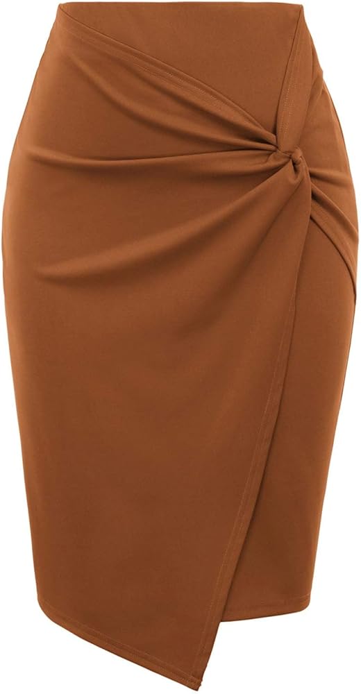 Kate Kasin Wear to Work Pencil Skirts for Women Elastic High Waist Wrap Front Knee Length Bodycon Skirt Tummy Control