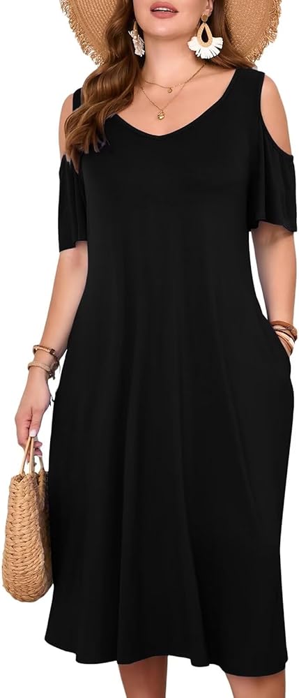 LARACE Plus Size Women Dress for Summer, Midi Women's Sundress, Casual V-Neck Short Sleeve Flowy T-Shirt Dresses with Pockets