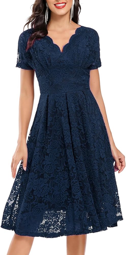 SEBOWEL Women Floral Lace V Neck Short Sleeve Formal Dress Swing A-Line Wedding Bridesmaid Cocktail Party Midi Dresses