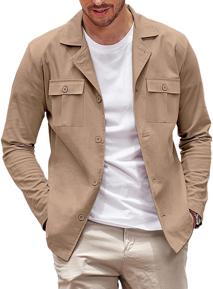 COOFANDY Men's Casual Shirt Jacket Cotton Linen Shacket Lightweight Work Coat Button Down Overshirt