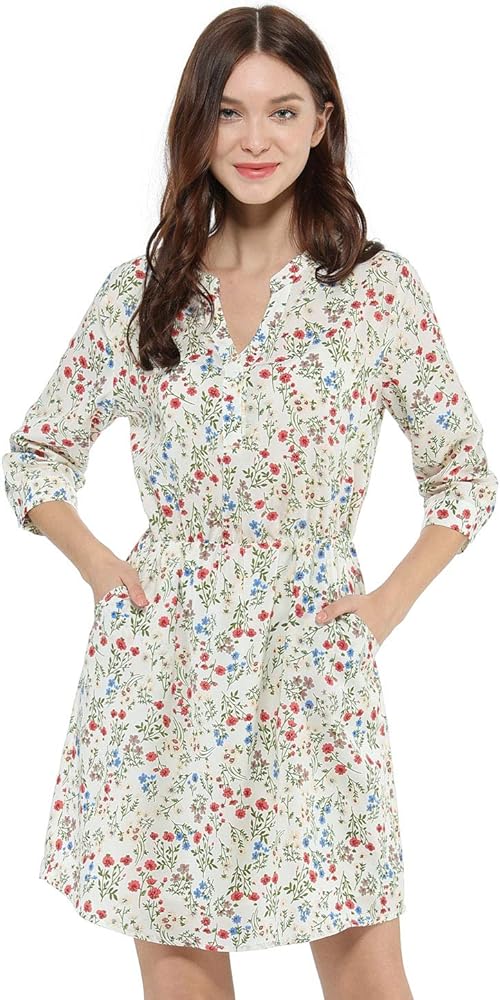 Allegra K Women's Button-Up V Neck 3/4 Sleeves Floral T-Shirt Dress with Pockets