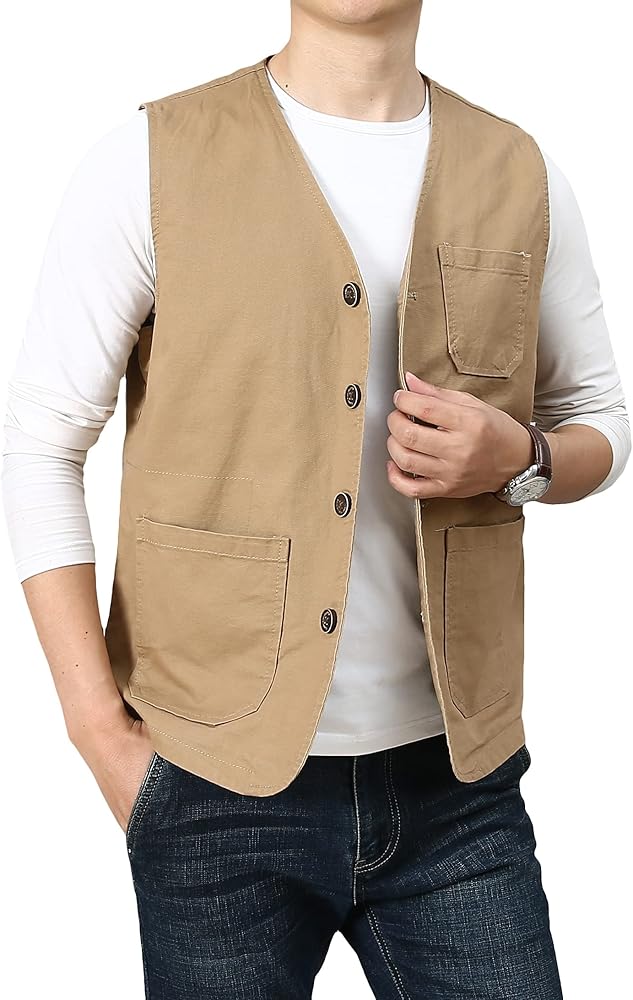 Men's Casual Outdoor Cotton Vest Lightweight Breathable Multi-Pocket Fishing Safari Travel Vests Outwear