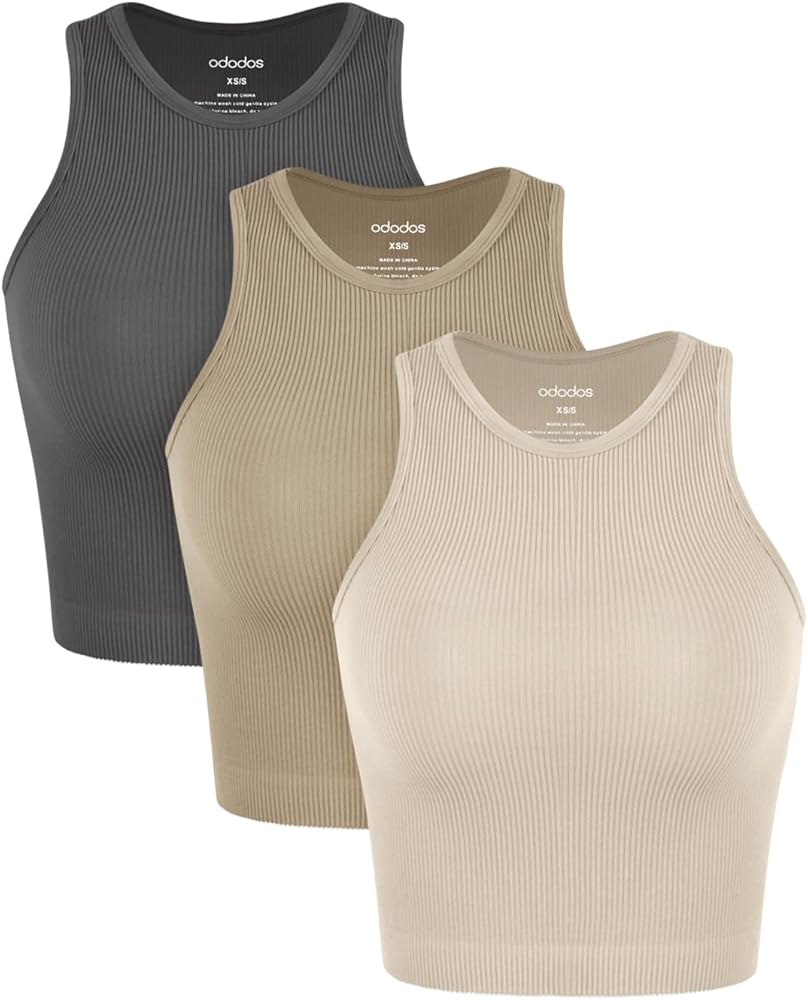 ODODOS 3-Pack Seamless Crop Tank for Women Ribbed Soft High Neck Cropped Tops