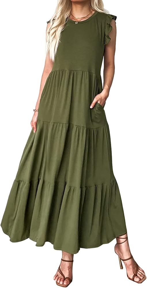 Women's Summer Sleeveless Maxi Dress Ruffle Sleeve Crewneck Tiered Flowy Pleated Casual A Line Sundress with Pockets