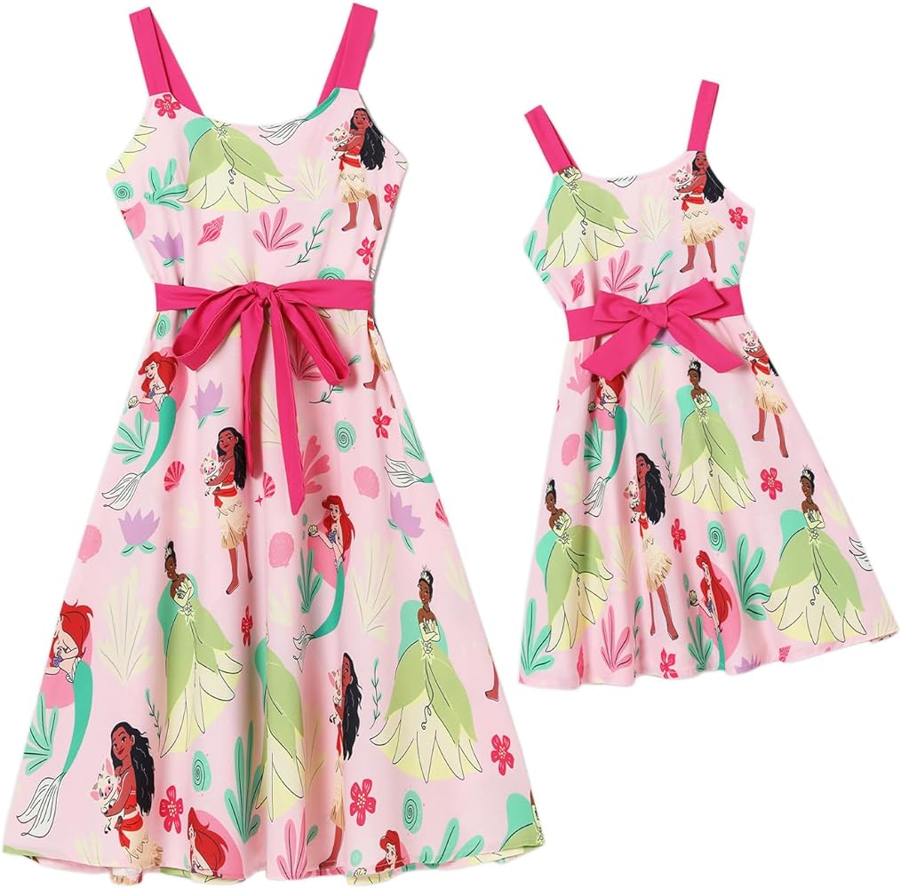 Disney Princess Mommy and Me Matching Outfits Sleeveless Bow Character Floral Allover Print Casual Dress