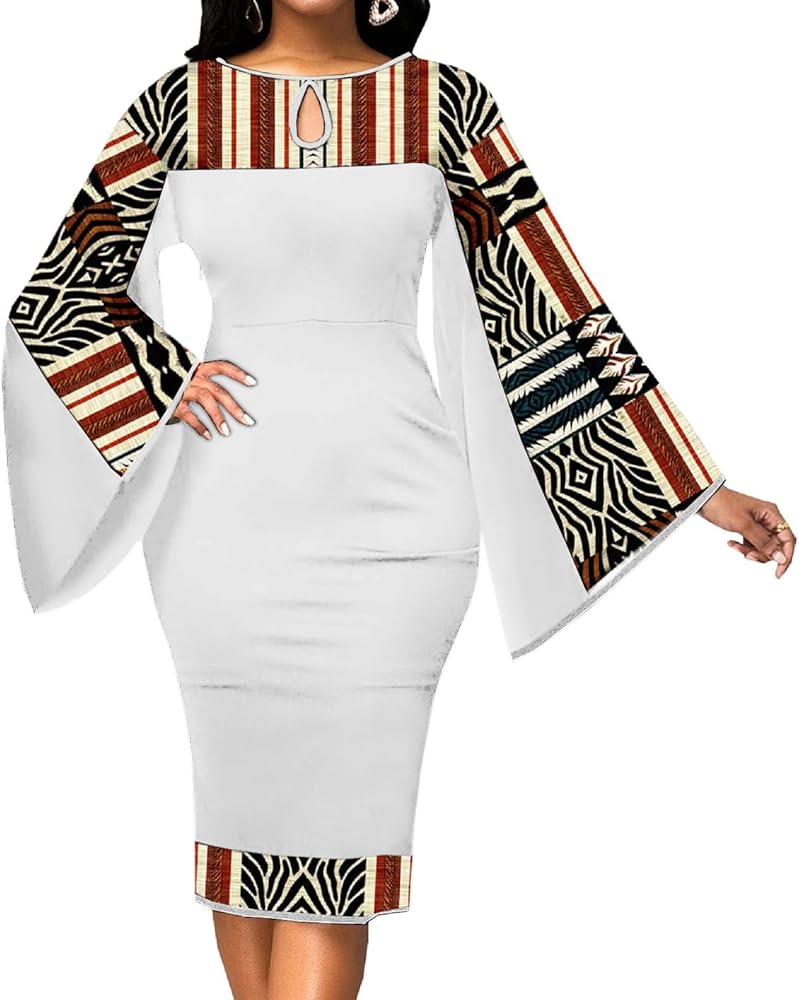 African Dresses for Women Church Bell Sleeve Print Casual Dress Elegant Nigerian Bodycon Pencil Attire