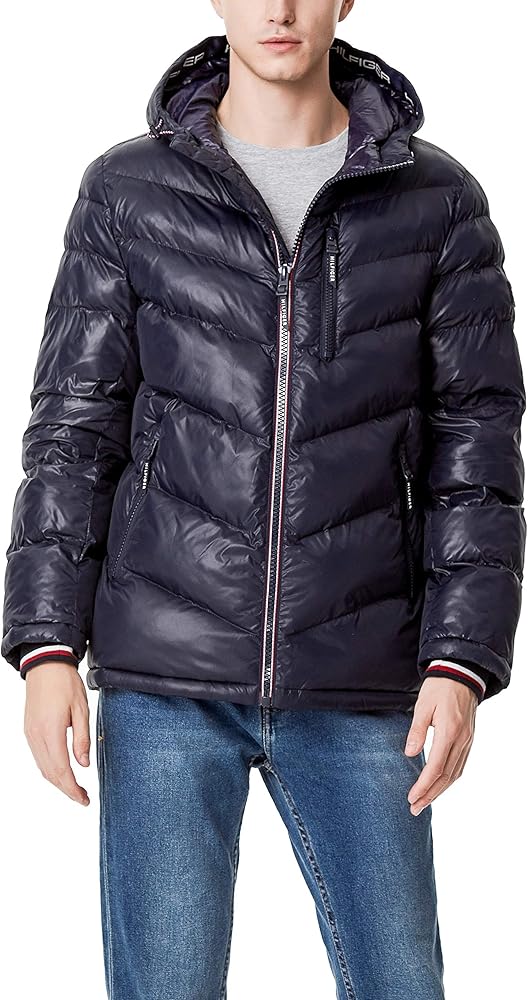 Tommy Hilfiger Men's Midweight Chevron Quilted Performance Hooded Puffer Jacket