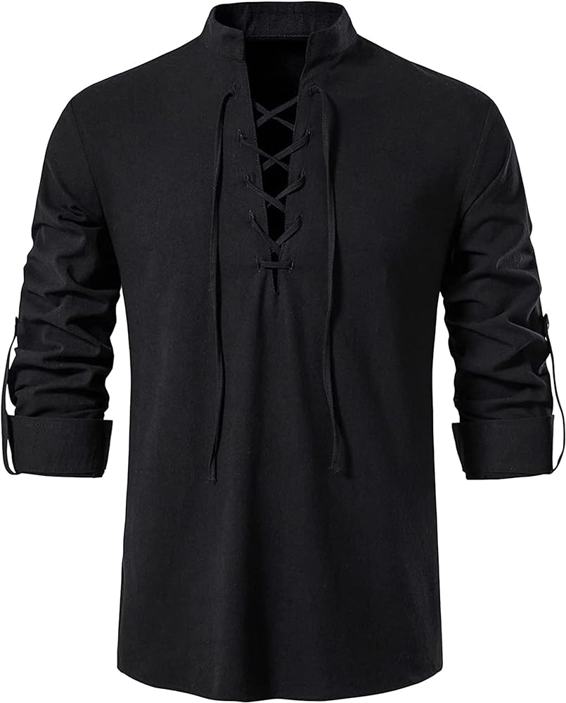 Men's Linen Cotton Lace up Traditional Shirt Roll up Long Sleeve