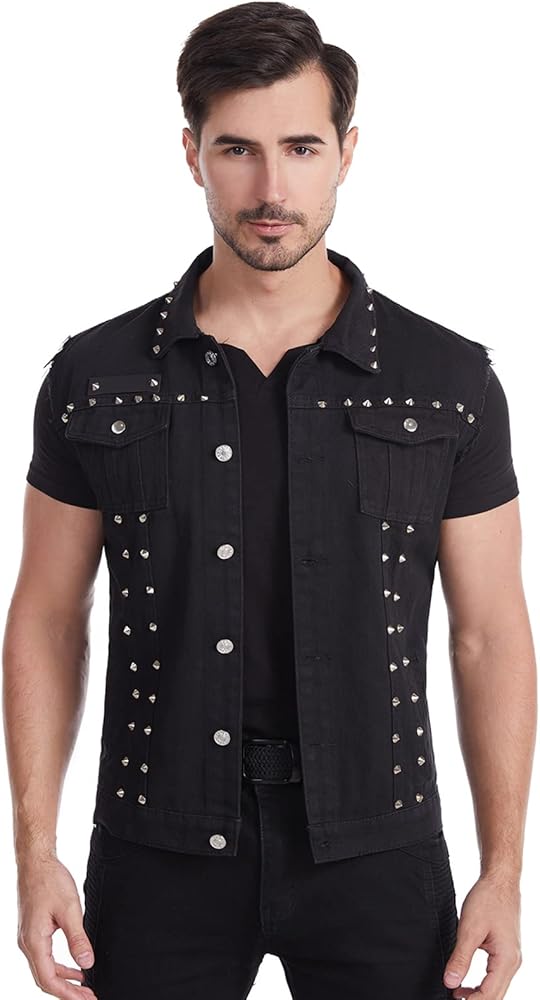 Men's Punk Rock Sleeveless Denim Jean Vest Jacket With Rivets