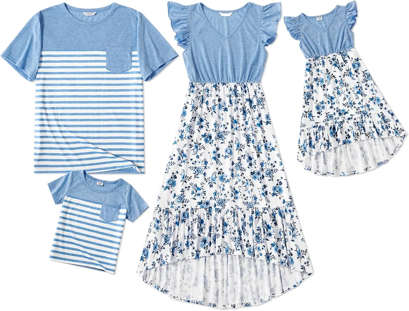 PATPAT Family Matching Outfits V Neck Ruffle Cuffs Summer Dresses and Stripe Short Sleeve T Shirts