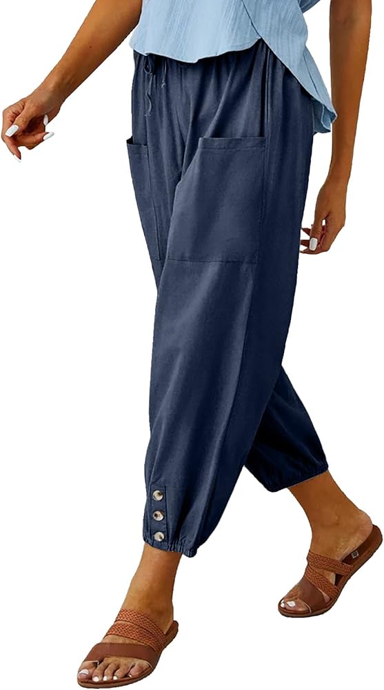 Women's High Waist Pants Drawstring Capri Pants with Pockets Wide Leg Cropped Pants for Women