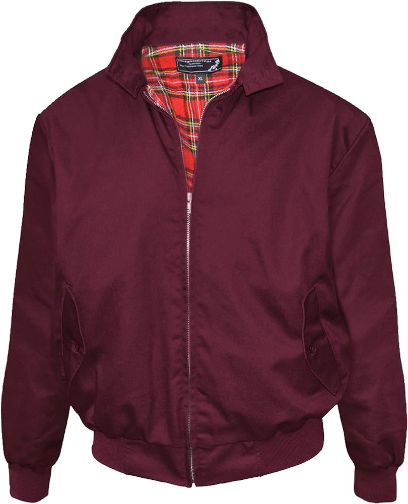 Mens Classic Harrington Style Jacket Knightsbridge Burgundy Red Tartan Lined