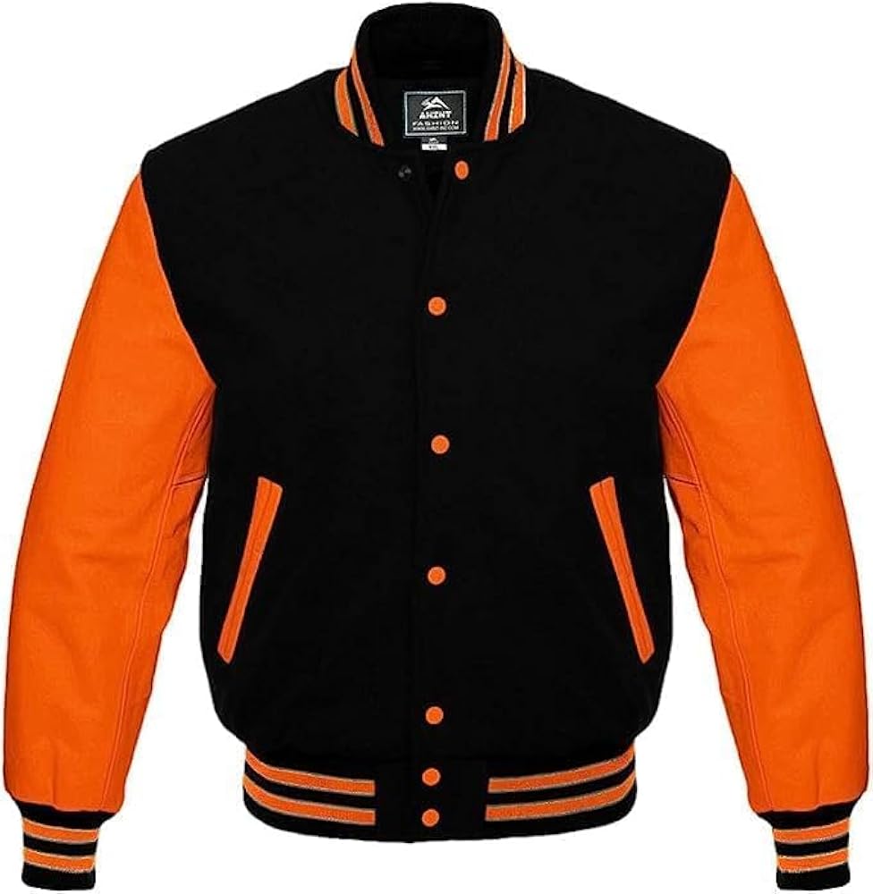 Mens Genuine Wool blend and Leather Sleeves Light Weight Varsity Jacket Letterman Rib Knitting Bomber