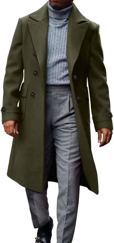 MNCEGEER Men's Trench Coat Notch Lapel Double Breasted Casual Cotton Blend Peacoat