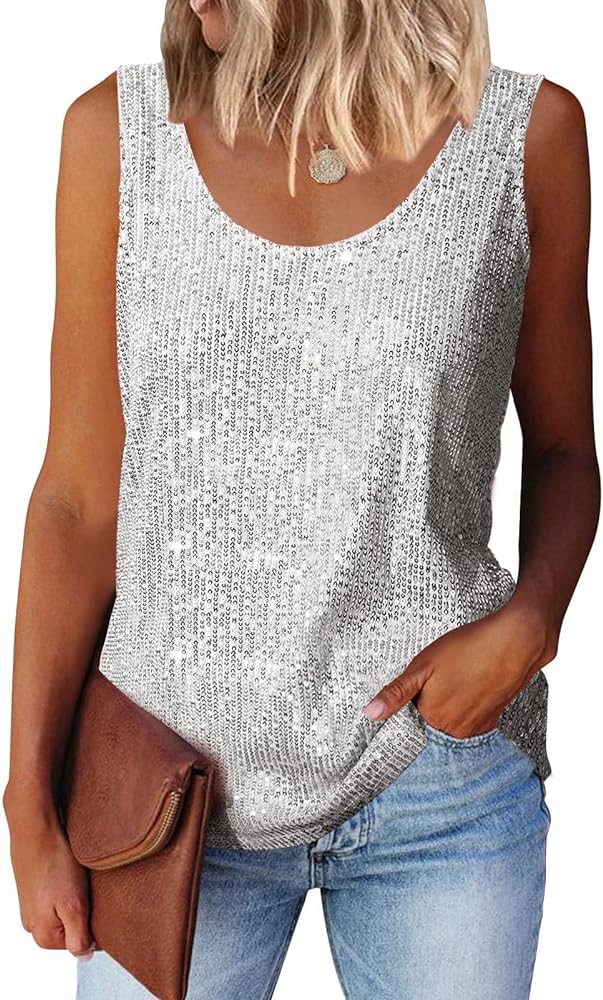 MLEBR Womens Summer Fashion Sequin Tops Scoop Neck Sequin Sparkle Shimmer Sleeveless Tanks Tops Blouses