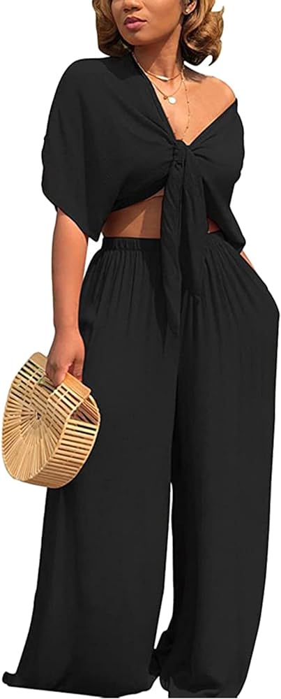 Hount Womens 2 Piece Outfits Deep V Neck Tied Front Crop Tops Wide Leg Pant Sets Jumpsuit Rompers with Pockets