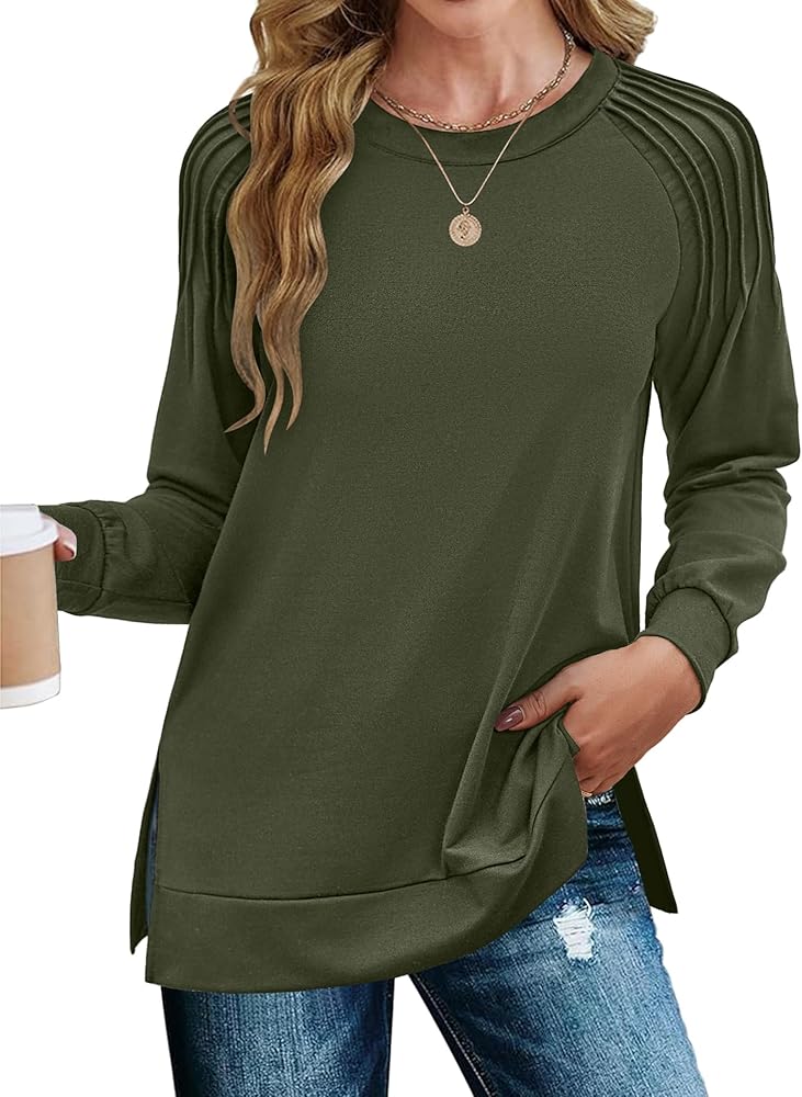 Zeagoo Womens Crewneck Sweatshirt Long Sleeve Tunic Tops Pleated Shirts Dressy Casual Fall 2024 Fashion Trendy Loose Fitting