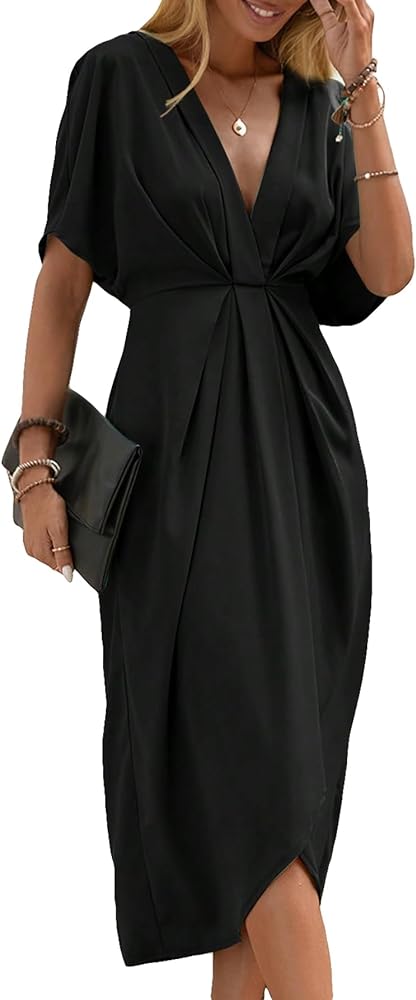 SOLY HUX Women's Plunge Deep V Neck Short Sleeve Summer Pleated Wrap Tunic Midi Dress