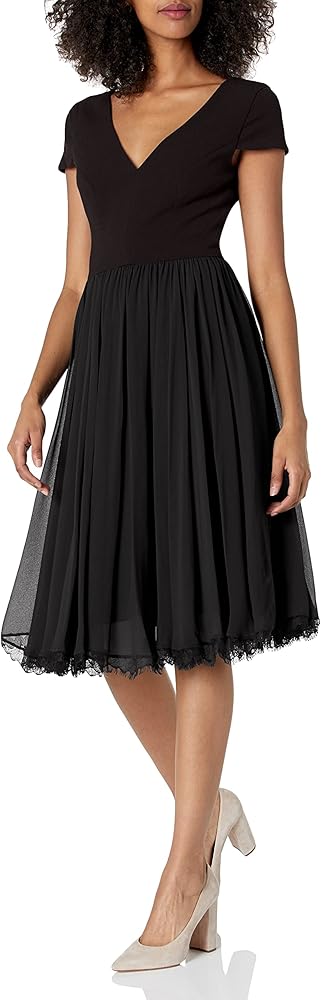 Dress the Population Women's Corey Plunging Mix Media Cap Sleeve A-line Midi Dress