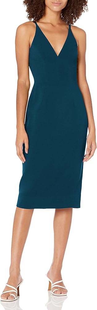 Dress the Population Women's Lyla Plunging Sleeveless Fitted Midi Sheath Dress