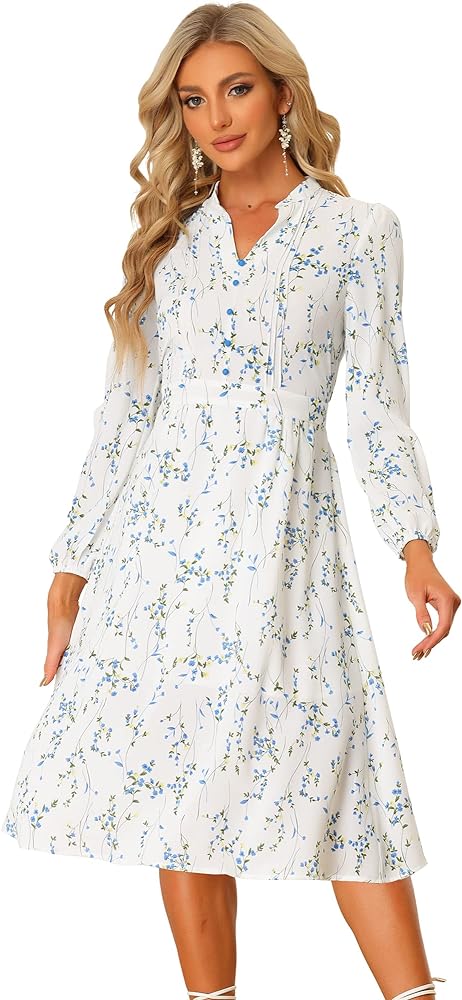 Allegra K Women's Floral Print V Neck Long Sleeve High Waist Pleated Front Spring Flowy Midi Boho Dress