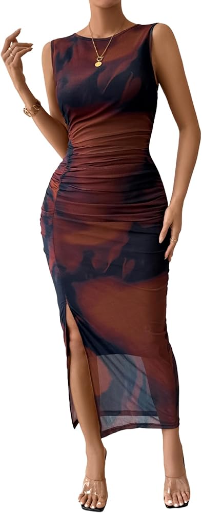 Milumia Women's Tie Dye Ruched Bodycon Dress Mesh Sleeveless Long Tank Dresses