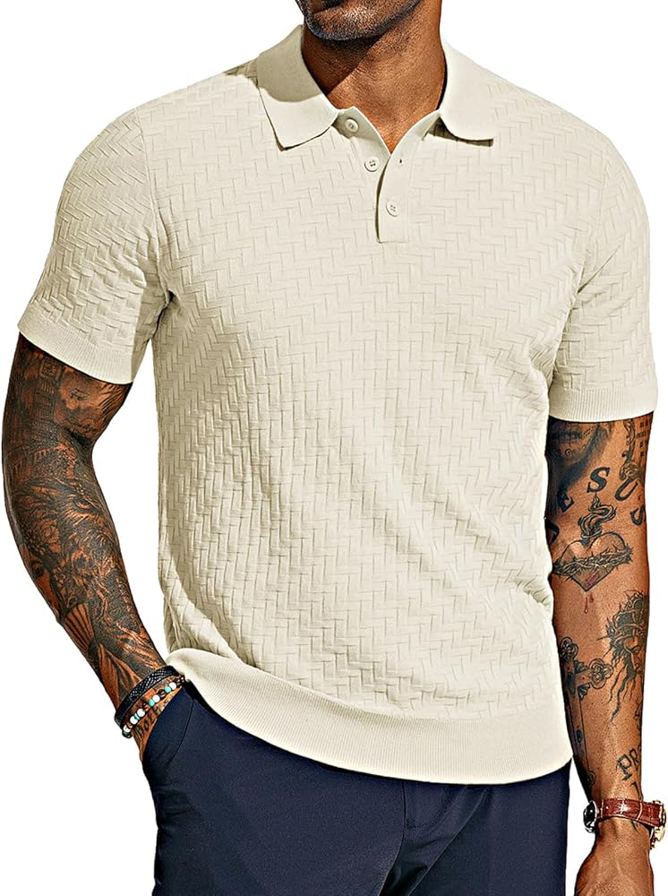 PJ PAUL JONES Mens Knit Polo Shirts Casual Short Sleeve Texture Golf Shirt