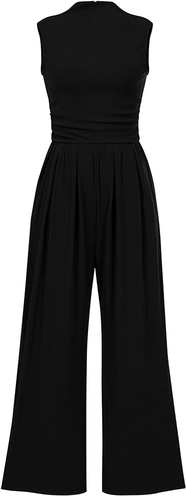 PRETTYGARDEN Womens Summer Jumpsuits Dressy Casual One Piece Outfits Sleeveless Mock Neck Wide Leg Pants Rompers with Pockets