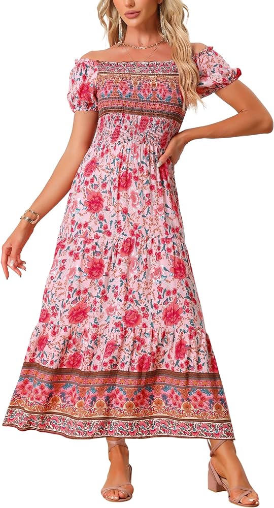 Allegra K Boho Maxi Dress for Women's Off-Shoulder Floral Smocked Dress