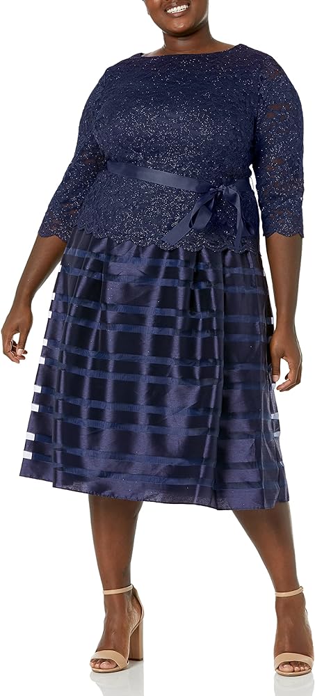 Alex Evenings Women's Plus-Size Tea Length A-line Dress with Tie Belt