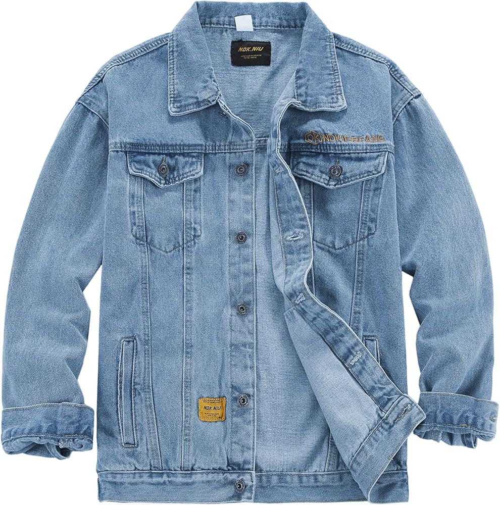 DOSLAVIDA Men's Denim Jacket Classic Trucker Jean Coat Lightweight Casual Wash Distressed Outwear Tops