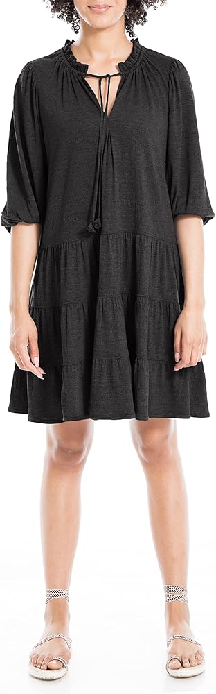 Max Studio Women's Crinkled Jersey 3/4 Sleeve Tiered Short Dress