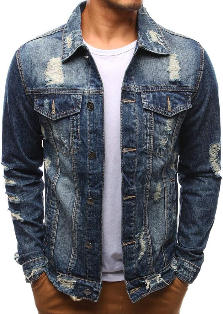 chouyatou Men's Distressed Button Front Casual Denim Jean Trucker Jacket