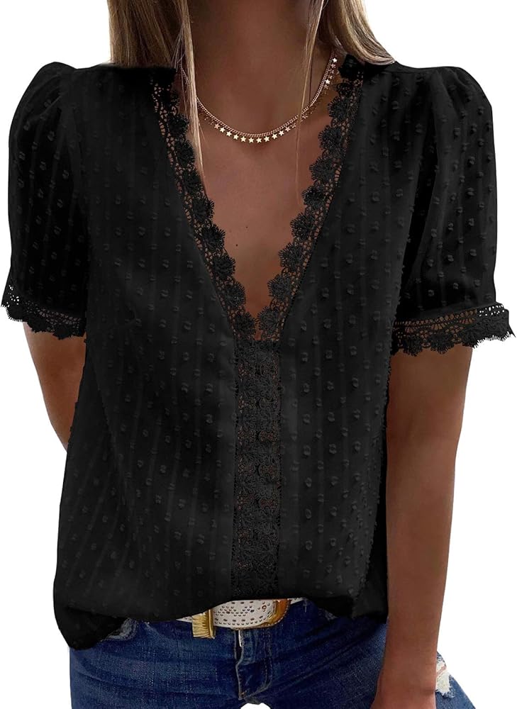 Dokotoo Women's V Neck Lace Crochet Tunic Tops Flowy Casual Blouses Shirts