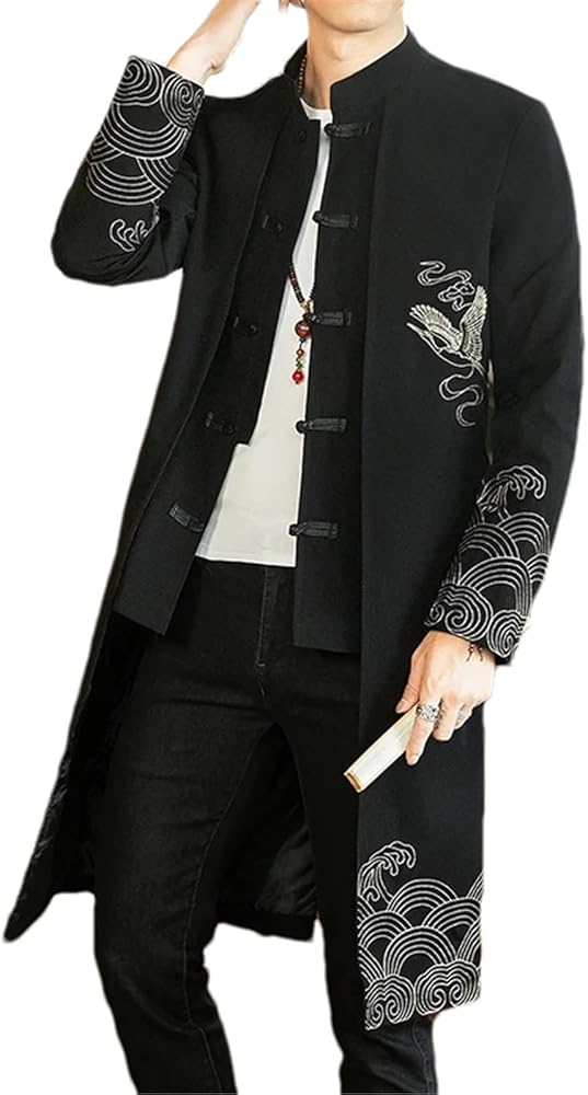 Men's Chinese Style Long Windbreaker Jacket Vintage Dragon Embroidered Jacket Chinese Casual Windbreaker Clothing