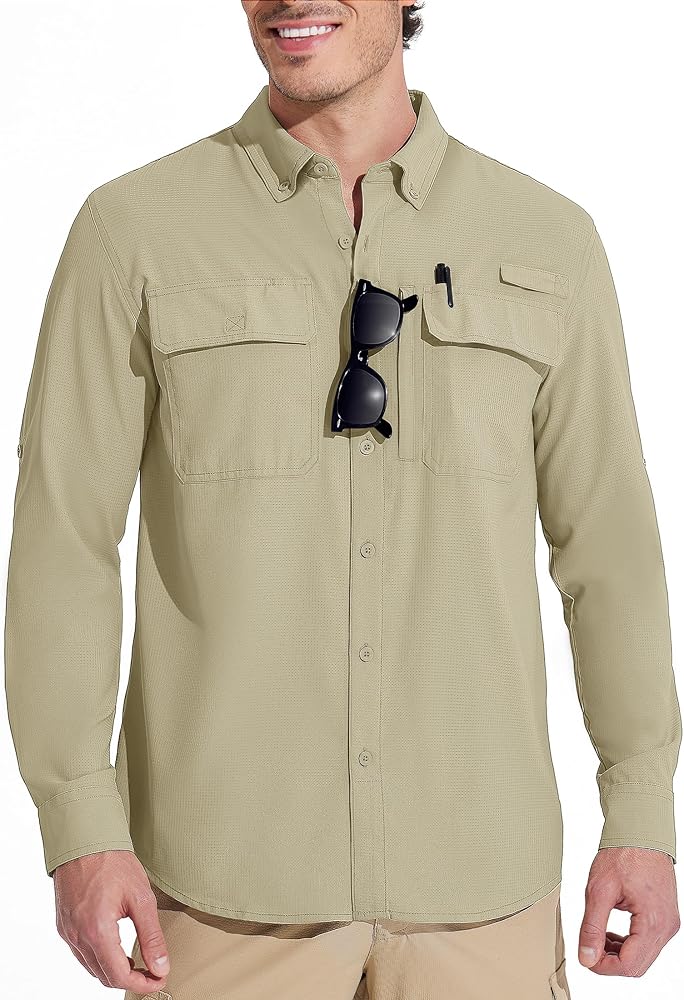 MAGCOMSEN Men's Fishing Shirts Long Sleeve UPF 50+ Sun Protection Quick Dry Cooling Button Down Shirt for Hiking Safari