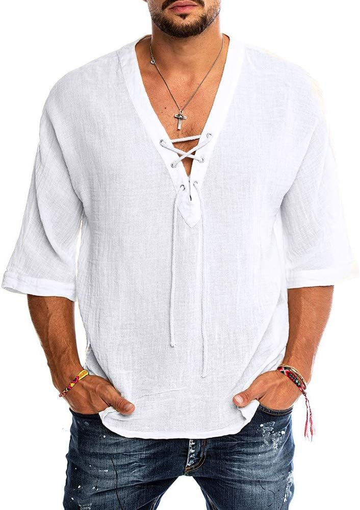 Mens Cotton Linen Henley Shirt Drawstring Half Sleeve Hippie Casual Lace Up T Shirt Summer Beach Tops