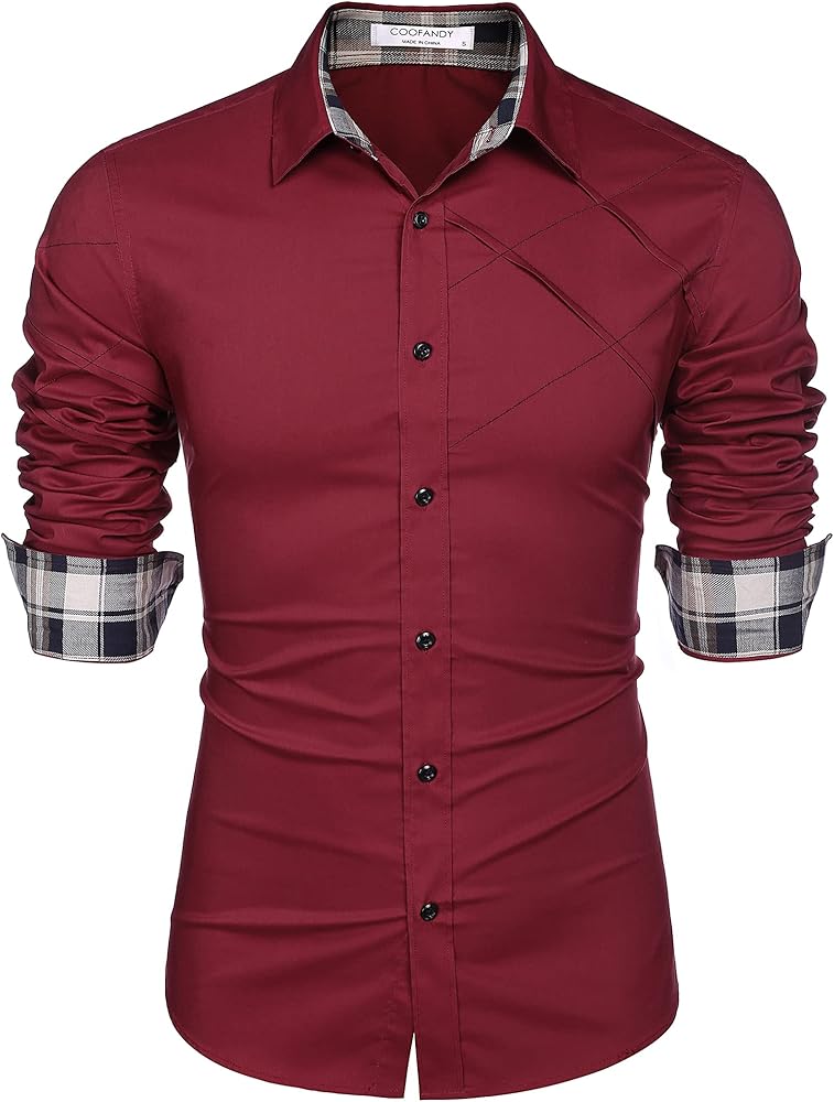 COOFANDY Men's Cotton Dress Shirts Long Sleeve Plaid Collar Shirt Slim Fit Casual Button Down Shirt